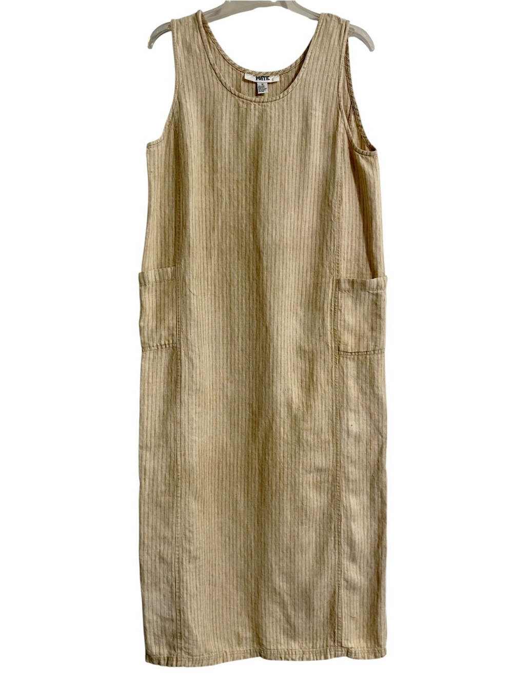 Vintage Linen Maxi Dress Boho Tan Pinstripe Pockets Beach Minimalist Modest 12